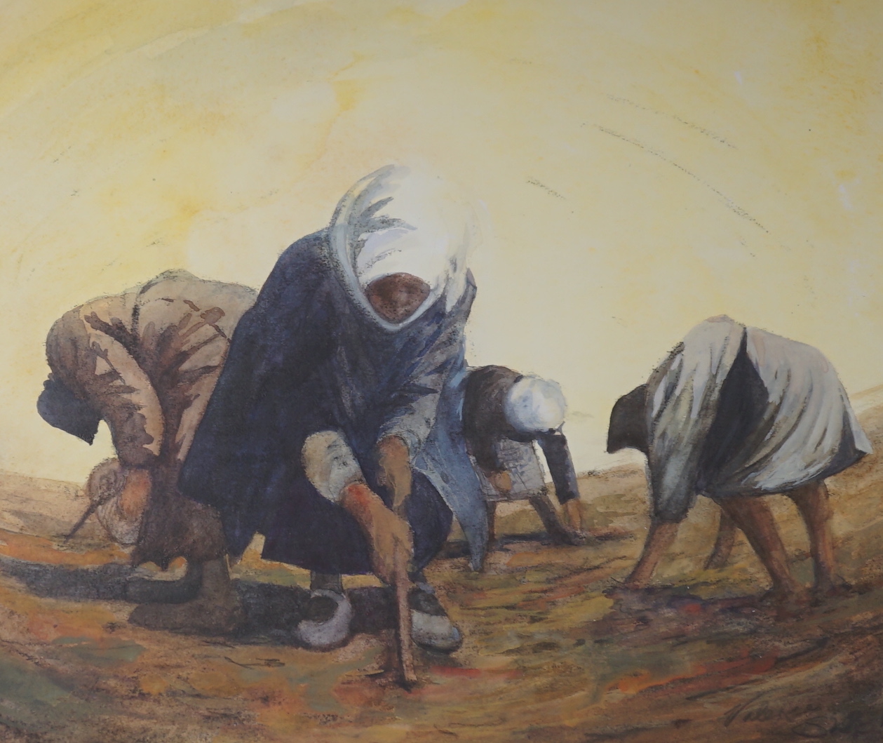 Valerie Shepherd (20th. C), monotype and watercolour, 'The Peanut Gatherers, Cyprus', signed, 33 x 39cm